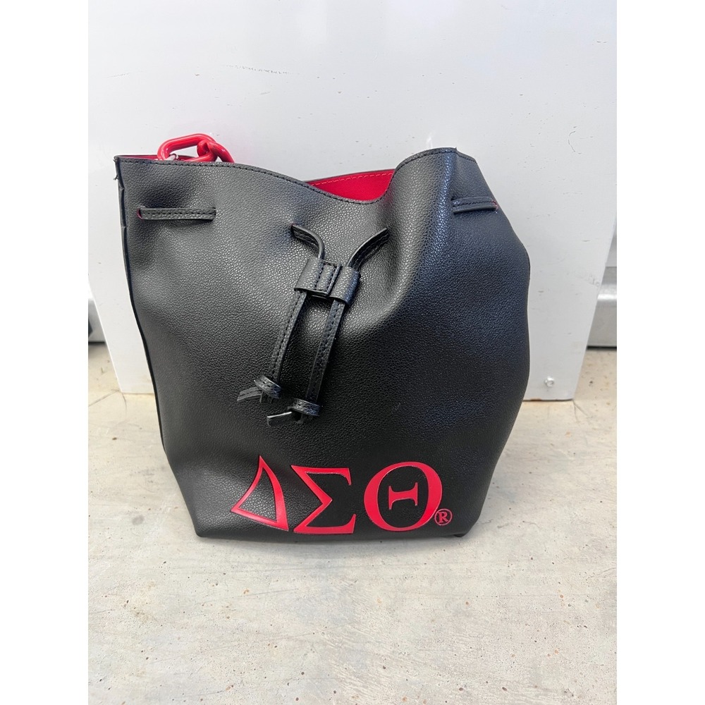 Delta Sigma Theta Sorority Bucket Bag Womens Black Red Leather Para NWOT